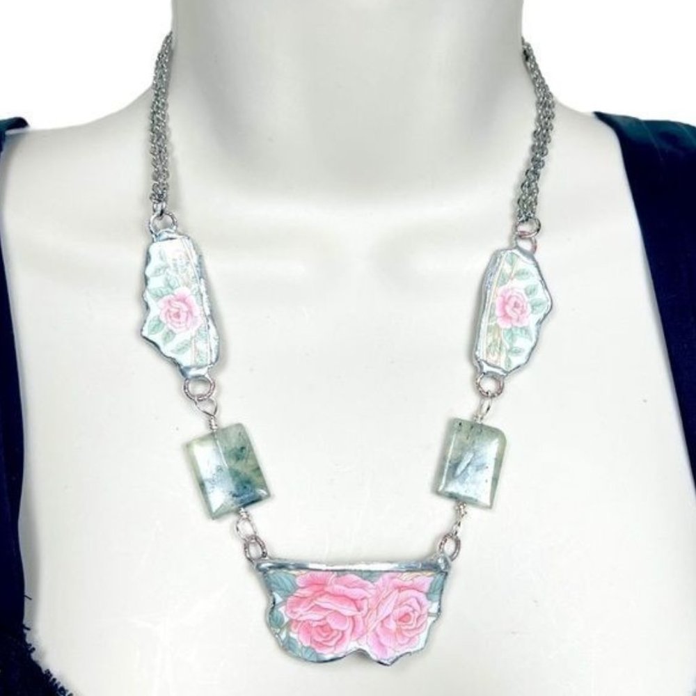 Artisan Antique Roses Broken Lynns China Necklace Hand Soldered Prenhite Stones